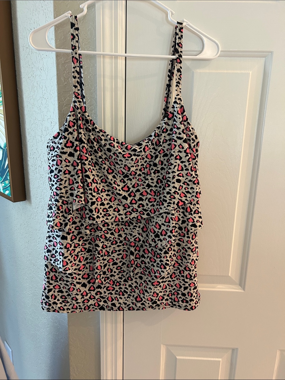 Coco Reef coral Pink and Black Leopard Print Ruffle Camisole bathing suit